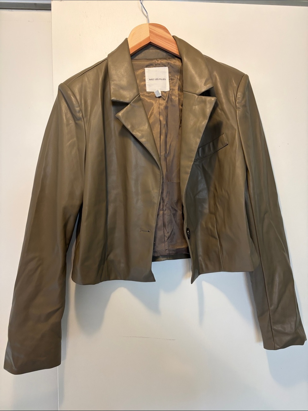Avec Les Filles Olive Green Leather Cropped Blazer